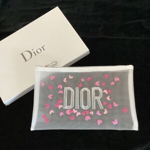Christian Dior New W/ Box Mesh Zip Pouch White Pink Hearts Limited Edition GWP
